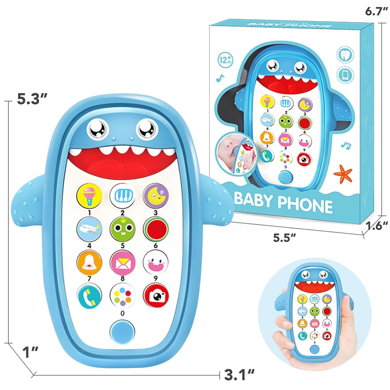 Baby Shark Cell Phone Toy Kids Play Fake Light-Up Teether 12+ Months (Blue) | Removable Soft Case Music Adjustable Volume Infant Toddler Learn Phone Preschool Holiday Birthday Present Gift for Girl Boy