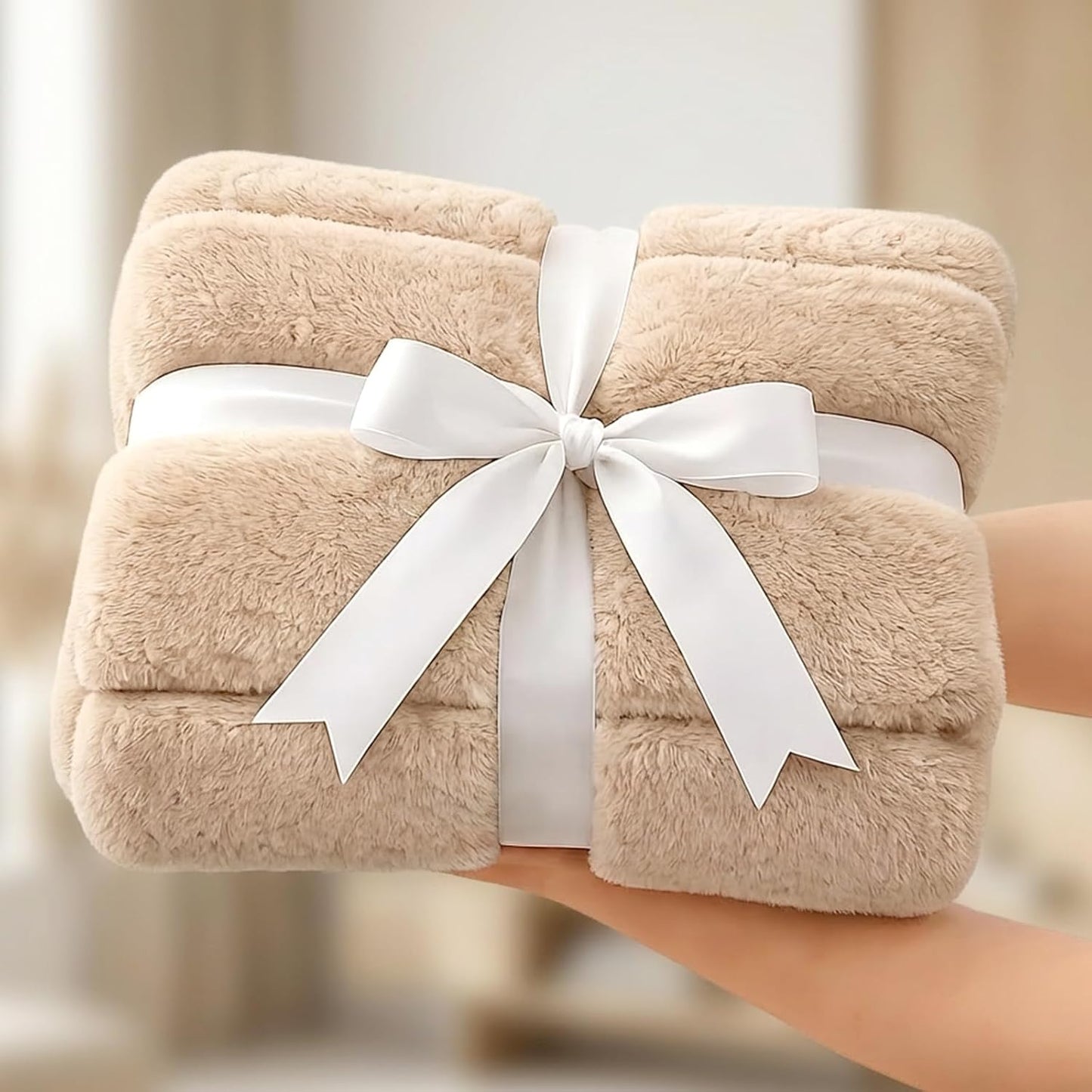 Deluxe Sheared Rabbit Faux Fur Throw Blanket, Soft Fuzzy High-Low Sculpted Plush Blanket for Couch, Cozy Home Accent, All Season Use, Khaki 60"X80"