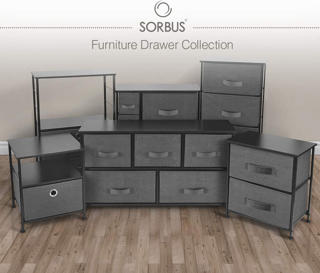 4 Drawer Dresser, Wood Top & Fabric Drawers for Bedroom (Black) | Nightstand with Steel Frame and Easy-Pull Bins Serves as Bedside Furniture or an End Table for Homes, Offices and Dorms.