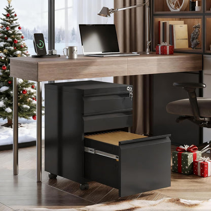 3 Drawer File Cabinet with Lock, Fully Assembled except Casters | Metal Filing Cabinet under Desk for Home Office, Fits Letter/Legal/A4 Size, Black