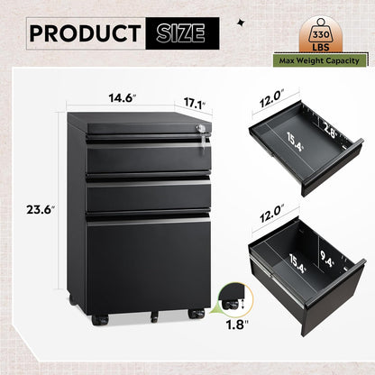 3 Drawer File Cabinet with Lock, Fully Assembled except Casters | Metal Filing Cabinet under Desk for Home Office, Fits Letter/Legal/A4 Size, Black
