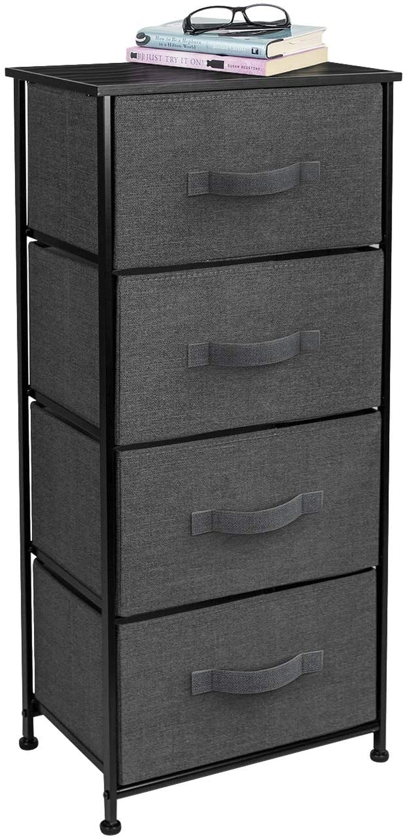 4 Drawer Dresser, Wood Top & Fabric Drawers for Bedroom (Black) | Nightstand with Steel Frame and Easy-Pull Bins Serves as Bedside Furniture or an End Table for Homes, Offices and Dorms.