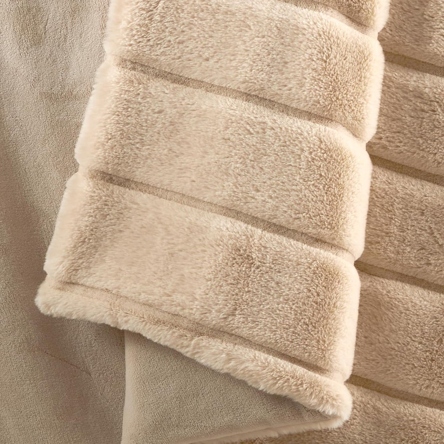 Deluxe Sheared Rabbit Faux Fur Throw Blanket, Soft Fuzzy High-Low Sculpted Plush Blanket for Couch, Cozy Home Accent, All Season Use, Khaki 60"X80"