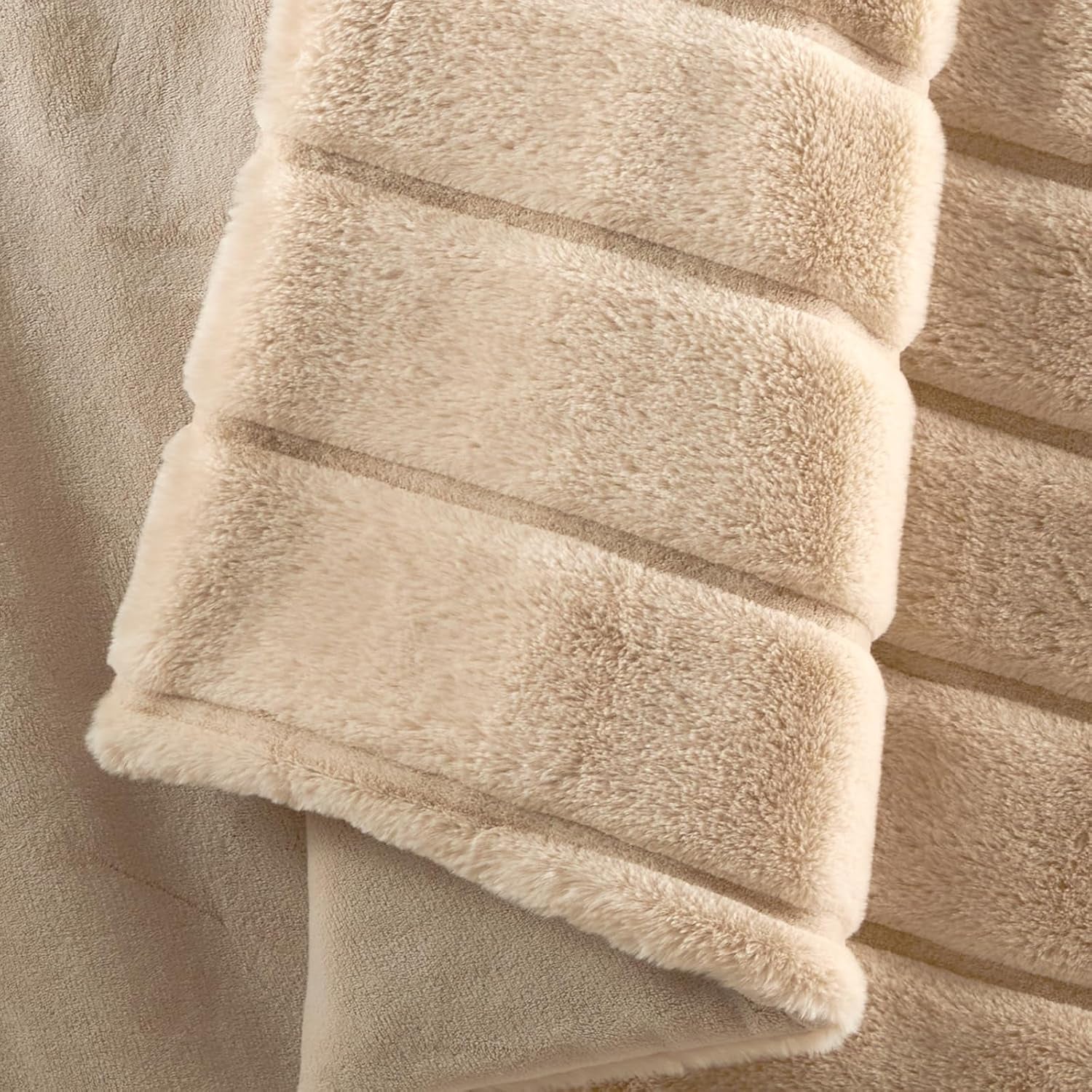 Deluxe Sheared Rabbit Faux Fur Throw Blanket, Soft Fuzzy High-Low Sculpted Plush Blanket for Couch, Cozy Home Accent, All Season Use, Khaki 60"X80"