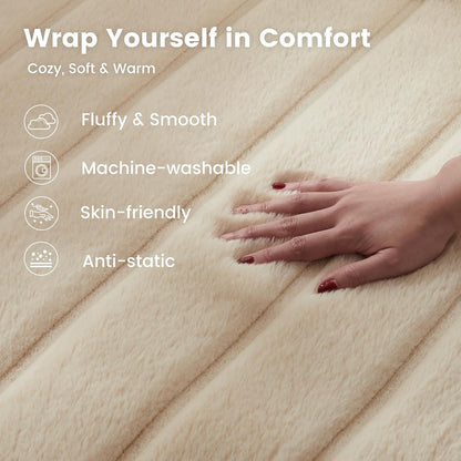 Deluxe Sheared Rabbit Faux Fur Throw Blanket, Soft Fuzzy High-Low Sculpted Plush Blanket for Couch, Cozy Home Accent, All Season Use, Khaki 60"X80"