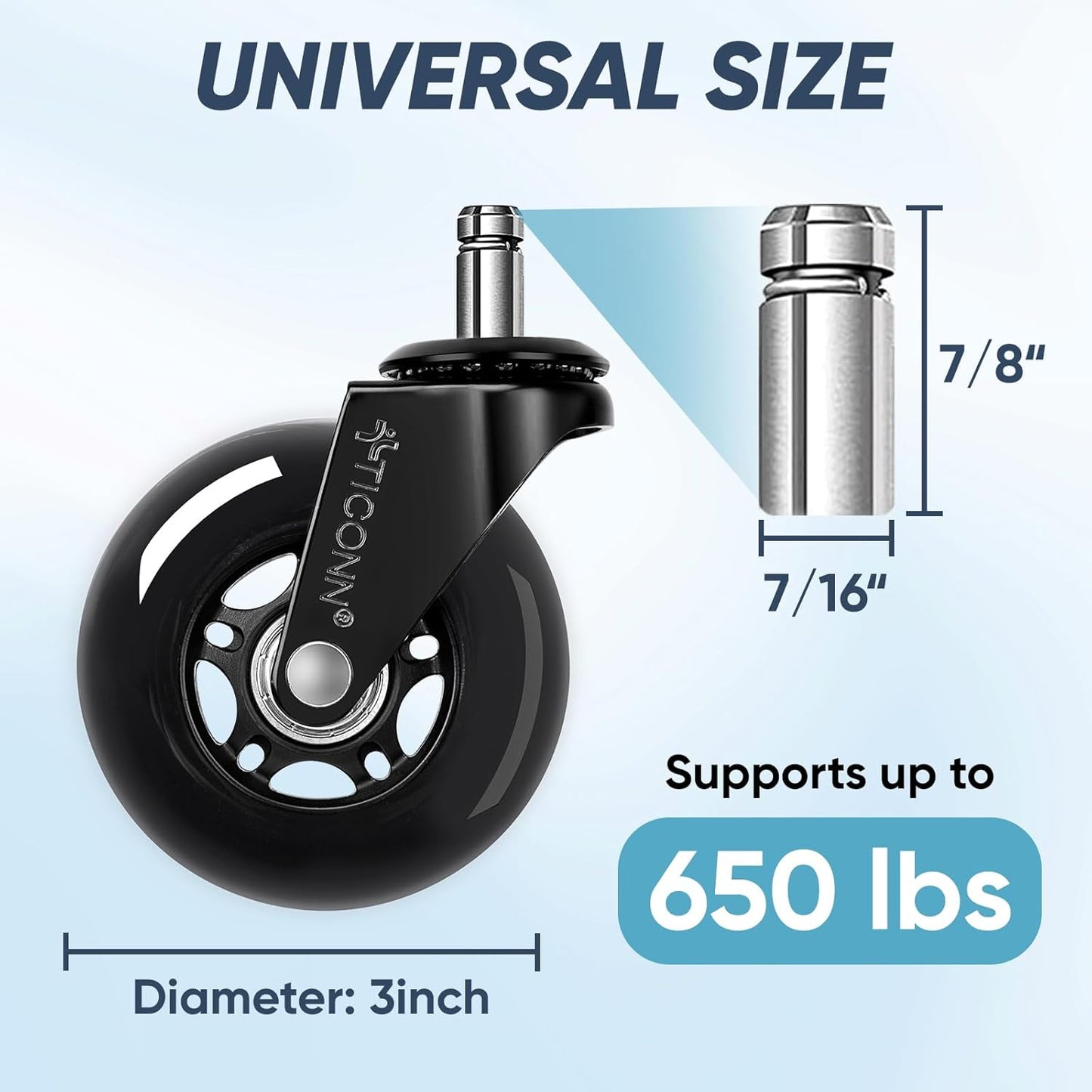 Office Chair Wheels, 3" Caster Wheels for Tile Carpets, Set of 5 | 650 Lbs Weight Capacity, Smooth & Quiet Rolling, Scratch-Free Floor Protection, Universal Fit, Easy Snap-In Installation
