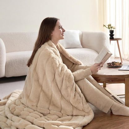 Deluxe Sheared Rabbit Faux Fur Throw Blanket, Soft Fuzzy High-Low Sculpted Plush Blanket for Couch, Cozy Home Accent, All Season Use, Khaki 60"X80"