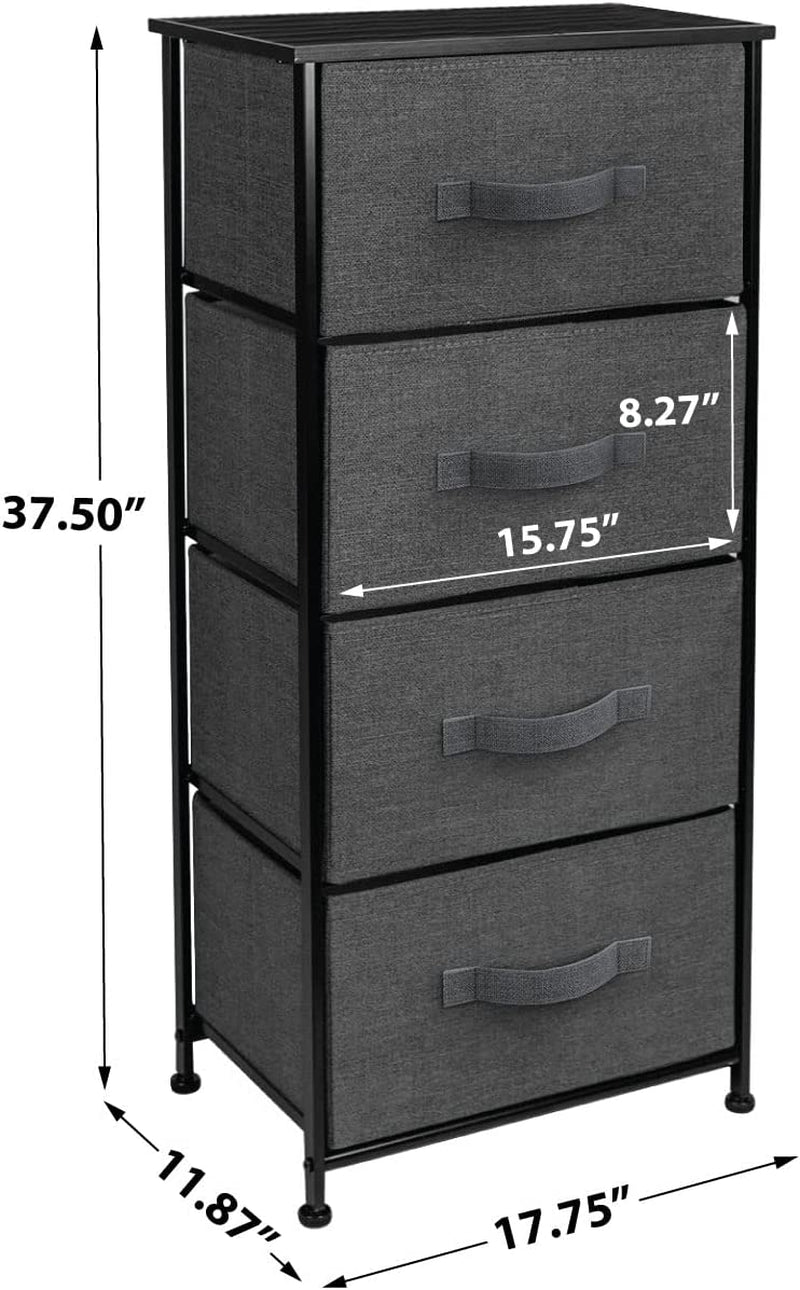 4 Drawer Dresser, Wood Top & Fabric Drawers for Bedroom (Black) | Nightstand with Steel Frame and Easy-Pull Bins Serves as Bedside Furniture or an End Table for Homes, Offices and Dorms.