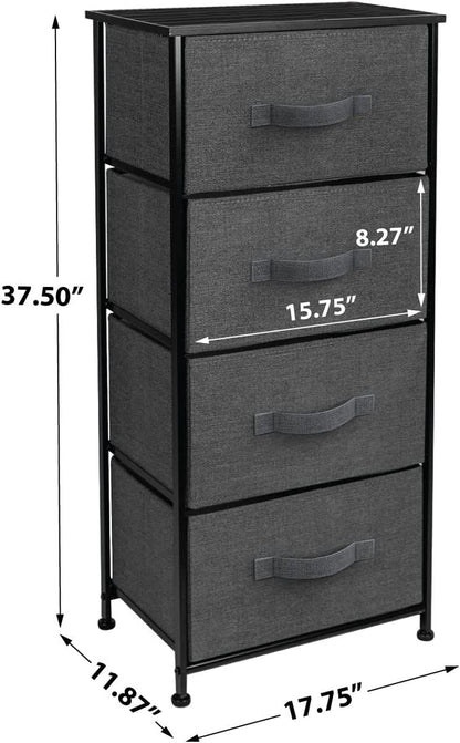 4 Drawer Dresser, Wood Top & Fabric Drawers for Bedroom (Black) | Nightstand with Steel Frame and Easy-Pull Bins Serves as Bedside Furniture or an End Table for Homes, Offices and Dorms.