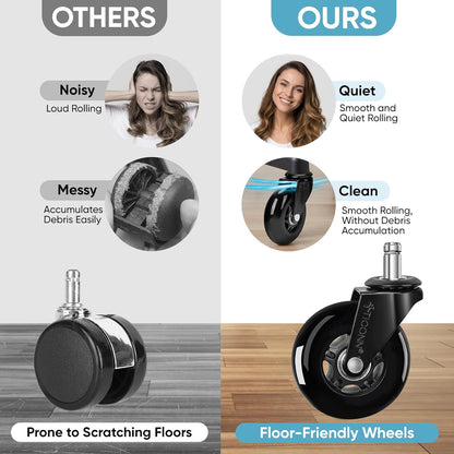 Office Chair Wheels, 3" Caster Wheels for Tile Carpets, Set of 5 | 650 Lbs Weight Capacity, Smooth & Quiet Rolling, Scratch-Free Floor Protection, Universal Fit, Easy Snap-In Installation
