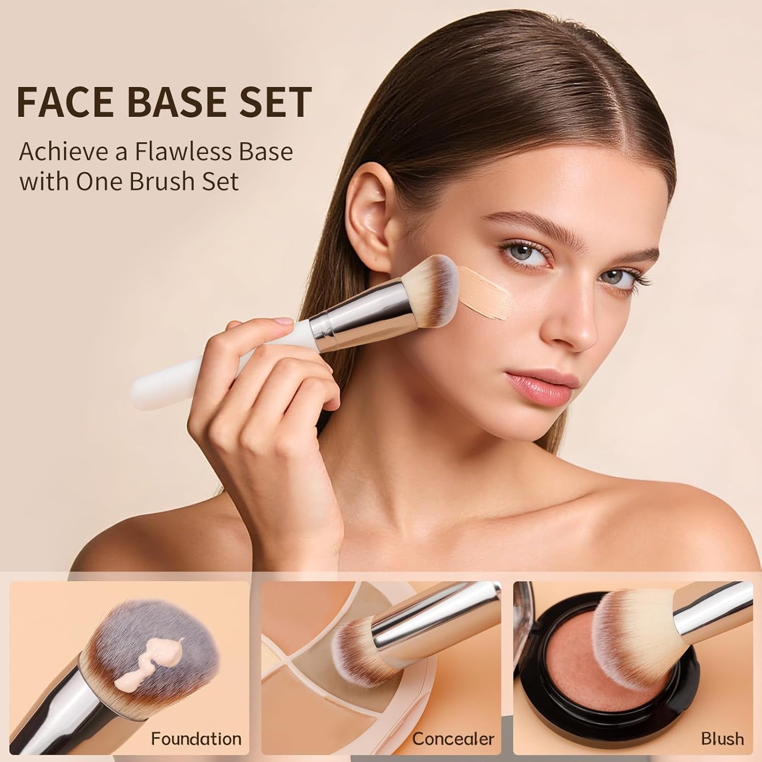 Foundation Contour Blush Conceal Brush Set, 3PCS Angled Synthetic Kabuki Brush for Blending Setting Buffing with Liquid, Cream and Powder Cosmetic (White)