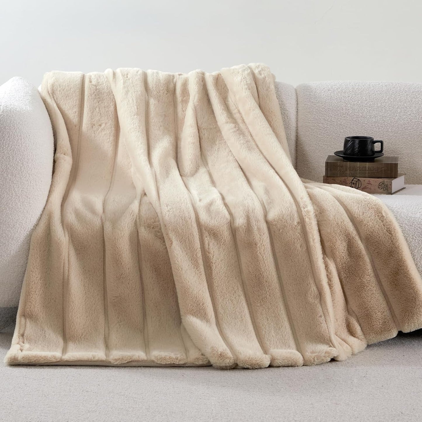 Deluxe Sheared Rabbit Faux Fur Throw Blanket, Soft Fuzzy High-Low Sculpted Plush Blanket for Couch, Cozy Home Accent, All Season Use, Khaki 60"X80"