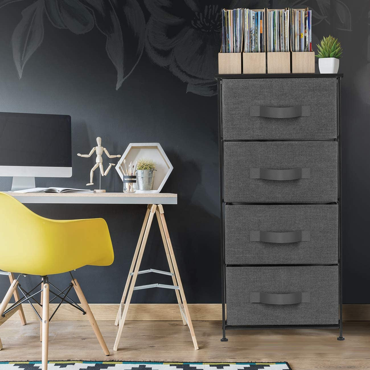 4 Drawer Dresser, Wood Top & Fabric Drawers for Bedroom (Black) | Nightstand with Steel Frame and Easy-Pull Bins Serves as Bedside Furniture or an End Table for Homes, Offices and Dorms.