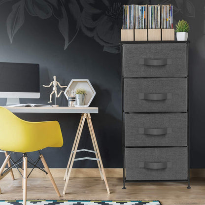 4 Drawer Dresser, Wood Top & Fabric Drawers for Bedroom (Black) | Nightstand with Steel Frame and Easy-Pull Bins Serves as Bedside Furniture or an End Table for Homes, Offices and Dorms.