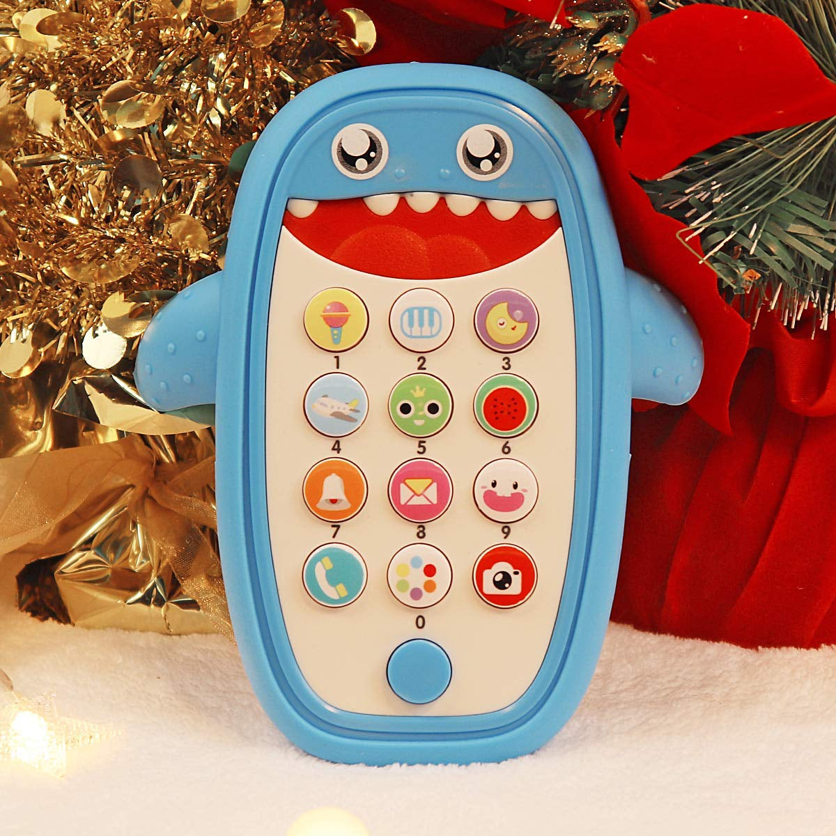 Baby Shark Cell Phone Toy Kids Play Fake Light-Up Teether 12+ Months (Blue) | Removable Soft Case Music Adjustable Volume Infant Toddler Learn Phone Preschool Holiday Birthday Present Gift for Girl Boy
