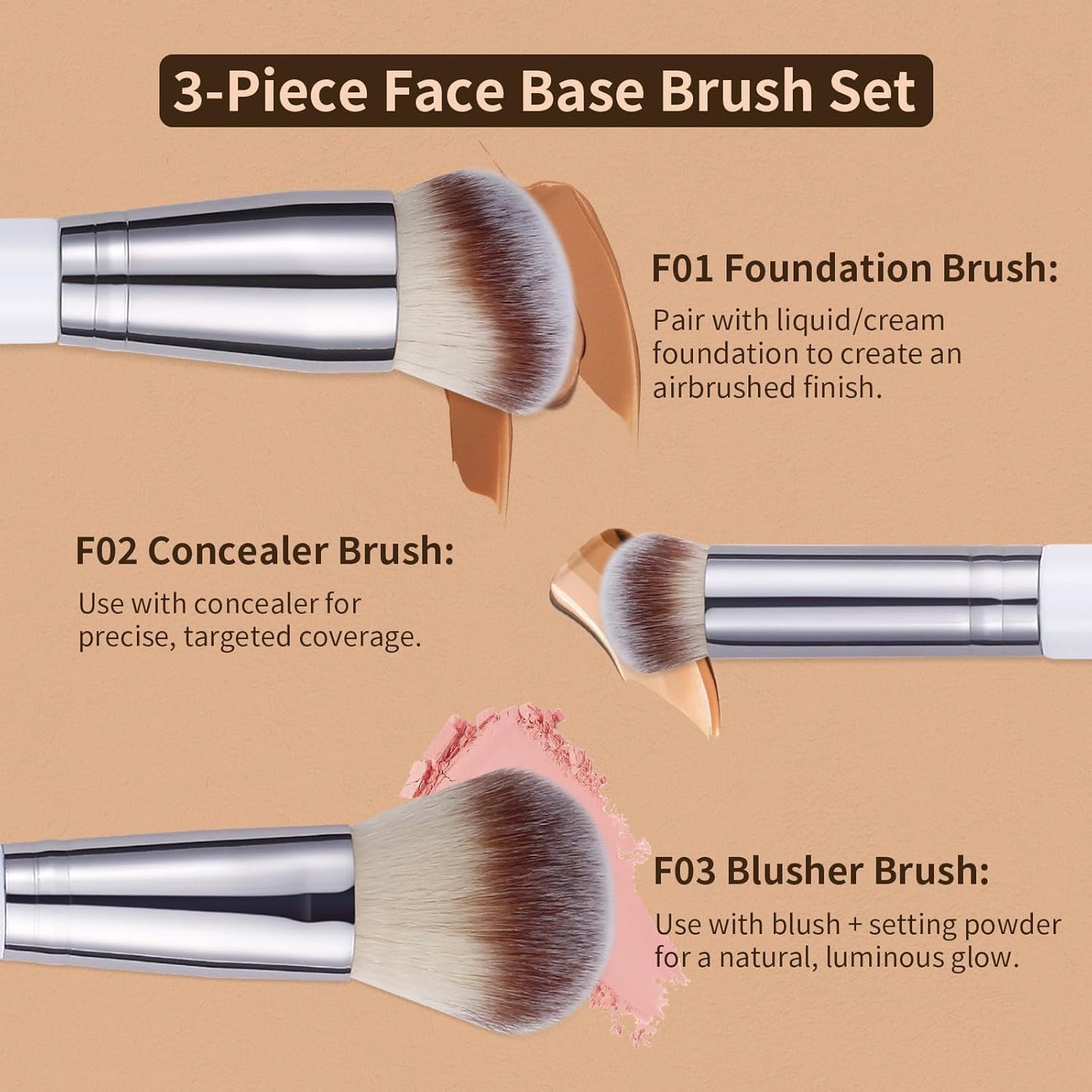 Foundation Contour Blush Conceal Brush Set, 3PCS Angled Synthetic Kabuki Brush for Blending Setting Buffing with Liquid, Cream and Powder Cosmetic (White)