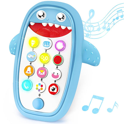 Baby Shark Cell Phone Toy Kids Play Fake Light-Up Teether 12+ Months (Blue) | Removable Soft Case Music Adjustable Volume Infant Toddler Learn Phone Preschool Holiday Birthday Present Gift for Girl Boy