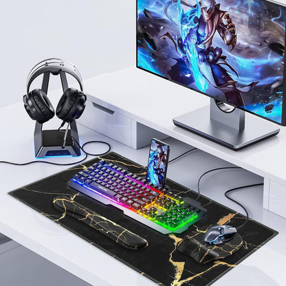 Mousepad with Wrist Rest, Desk Pad for Keyboard and Mouse, Black Mouse Pad, Ergonomic Mouse Pad Set, Keyboard Wrist Rest with Coaster, Desk Mat Set for Office (Black Gold Marble)