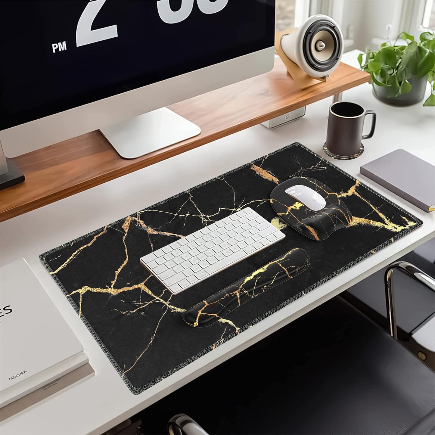 Mousepad with Wrist Rest, Desk Pad for Keyboard and Mouse, Black Mouse Pad, Ergonomic Mouse Pad Set, Keyboard Wrist Rest with Coaster, Desk Mat Set for Office (Black Gold Marble)