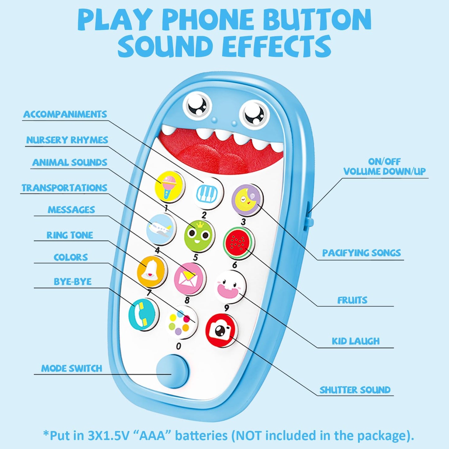 Baby Shark Cell Phone Toy Kids Play Fake Light-Up Teether 12+ Months (Blue) | Removable Soft Case Music Adjustable Volume Infant Toddler Learn Phone Preschool Holiday Birthday Present Gift for Girl Boy