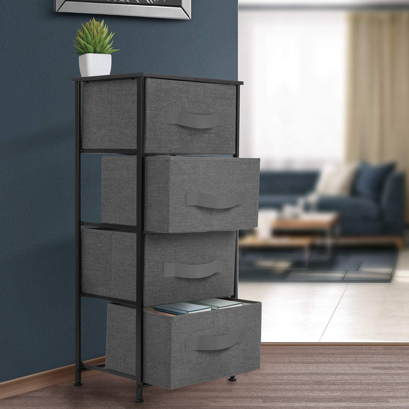 4 Drawer Dresser, Wood Top & Fabric Drawers for Bedroom (Black) | Nightstand with Steel Frame and Easy-Pull Bins Serves as Bedside Furniture or an End Table for Homes, Offices and Dorms.