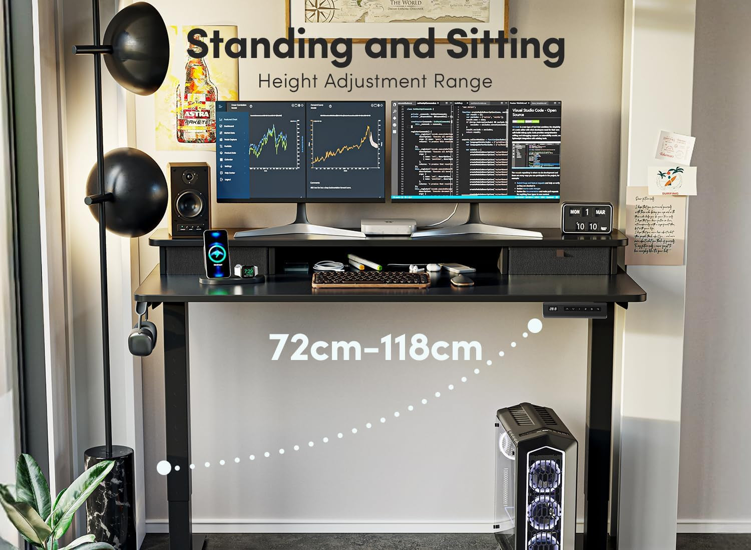 40 X 24 Inch Height Adjustable Electric Standing Desk with Double Drawer, Computer Desk, Home Office Stand up Table with 4 Height-Adjustable Feets & 2 Hooks, Black