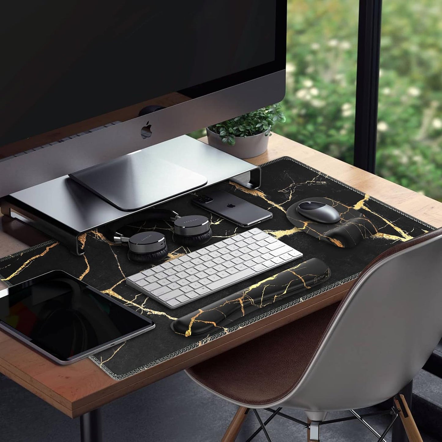 Mousepad with Wrist Rest, Desk Pad for Keyboard and Mouse, Black Mouse Pad, Ergonomic Mouse Pad Set, Keyboard Wrist Rest with Coaster, Desk Mat Set for Office (Black Gold Marble)