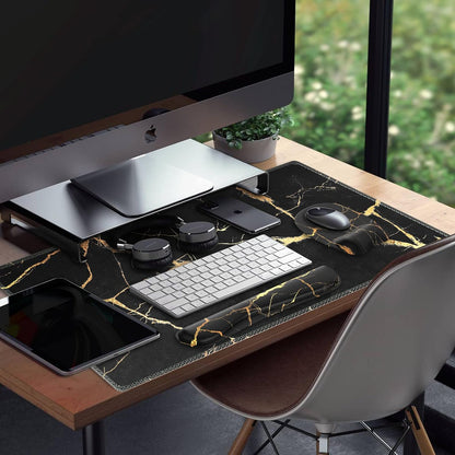 Mousepad with Wrist Rest, Desk Pad for Keyboard and Mouse, Black Mouse Pad, Ergonomic Mouse Pad Set, Keyboard Wrist Rest with Coaster, Desk Mat Set for Office (Black Gold Marble)