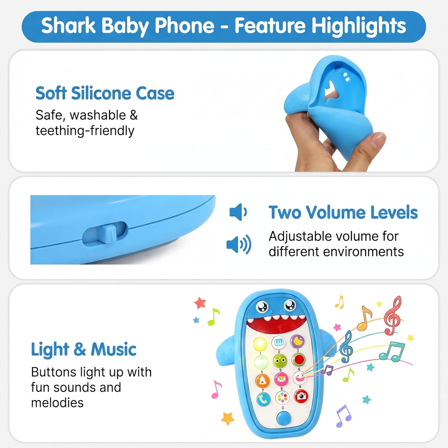 Baby Shark Cell Phone Toy Kids Play Fake Light-Up Teether 12+ Months (Blue) | Removable Soft Case Music Adjustable Volume Infant Toddler Learn Phone Preschool Holiday Birthday Present Gift for Girl Boy