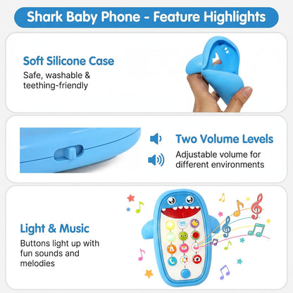Baby Shark Cell Phone Toy Kids Play Fake Light-Up Teether 12+ Months (Blue) | Removable Soft Case Music Adjustable Volume Infant Toddler Learn Phone Preschool Holiday Birthday Present Gift for Girl Boy