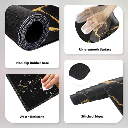 Mousepad with Wrist Rest, Desk Pad for Keyboard and Mouse, Black Mouse Pad, Ergonomic Mouse Pad Set, Keyboard Wrist Rest with Coaster, Desk Mat Set for Office (Black Gold Marble)