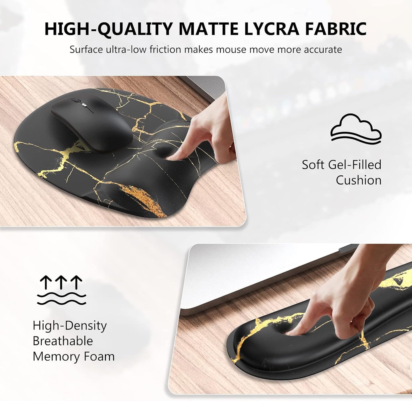 Mousepad with Wrist Rest, Desk Pad for Keyboard and Mouse, Black Mouse Pad, Ergonomic Mouse Pad Set, Keyboard Wrist Rest with Coaster, Desk Mat Set for Office (Black Gold Marble)