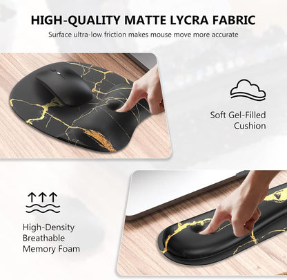 Mousepad with Wrist Rest, Desk Pad for Keyboard and Mouse, Black Mouse Pad, Ergonomic Mouse Pad Set, Keyboard Wrist Rest with Coaster, Desk Mat Set for Office (Black Gold Marble)