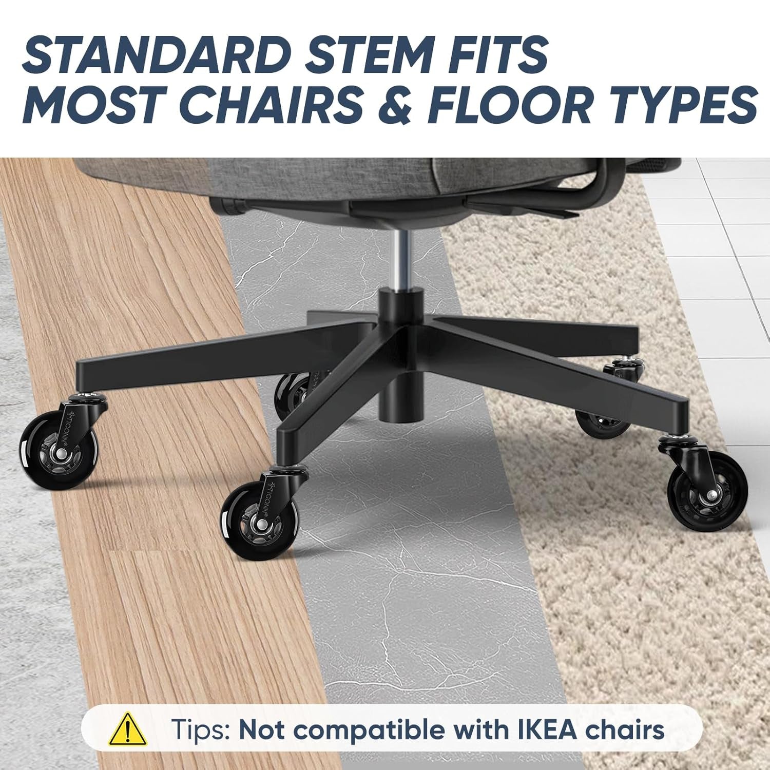Office Chair Wheels, 3" Caster Wheels for Tile Carpets, Set of 5 | 650 Lbs Weight Capacity, Smooth & Quiet Rolling, Scratch-Free Floor Protection, Universal Fit, Easy Snap-In Installation