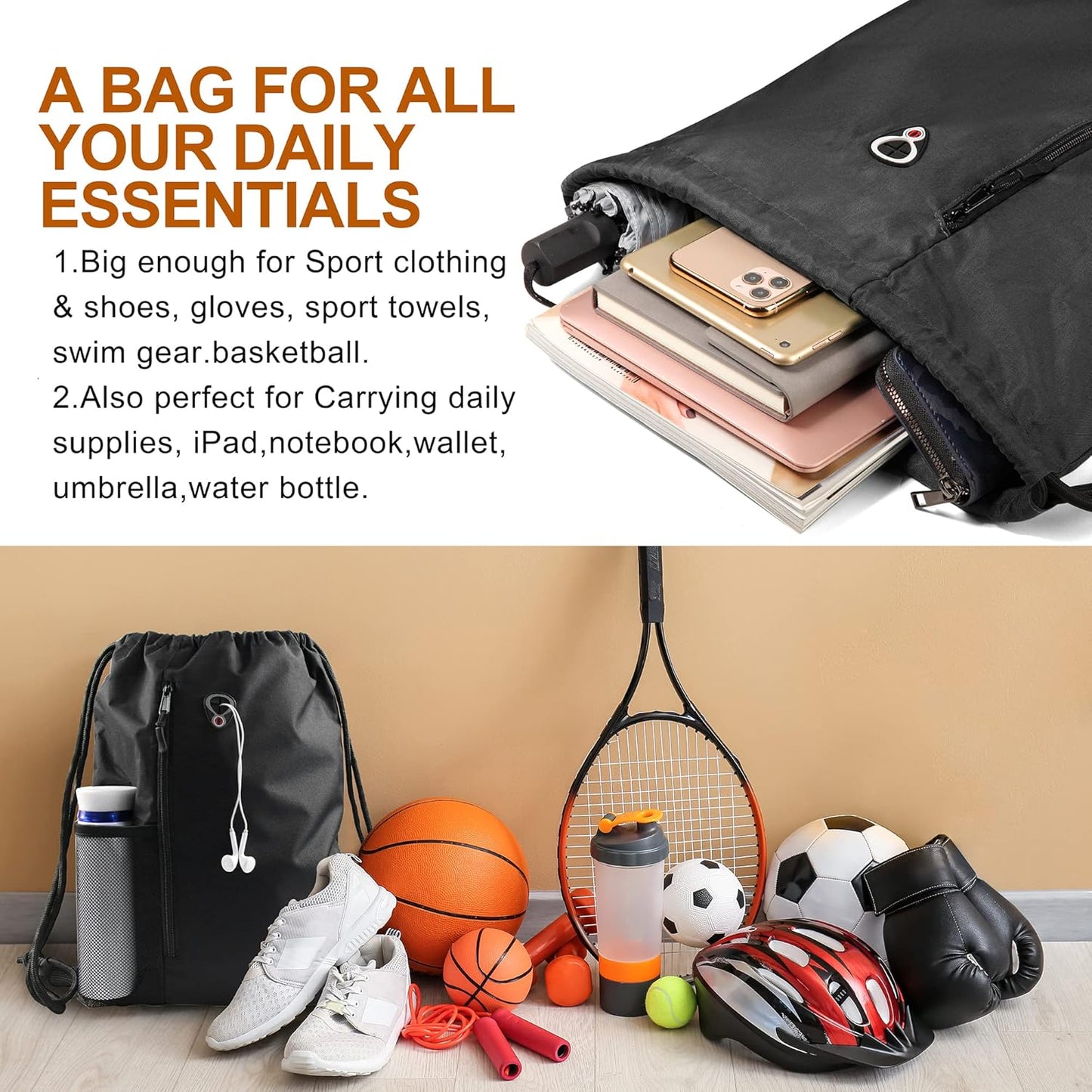 Black Drawstring Backpack Gym Bag for Men Women String Sports Backpack with Water Bottle Mesh Pockets and 2 Zippered Pocket Large Cinch Sackpack Workout Bag 16" X 20"