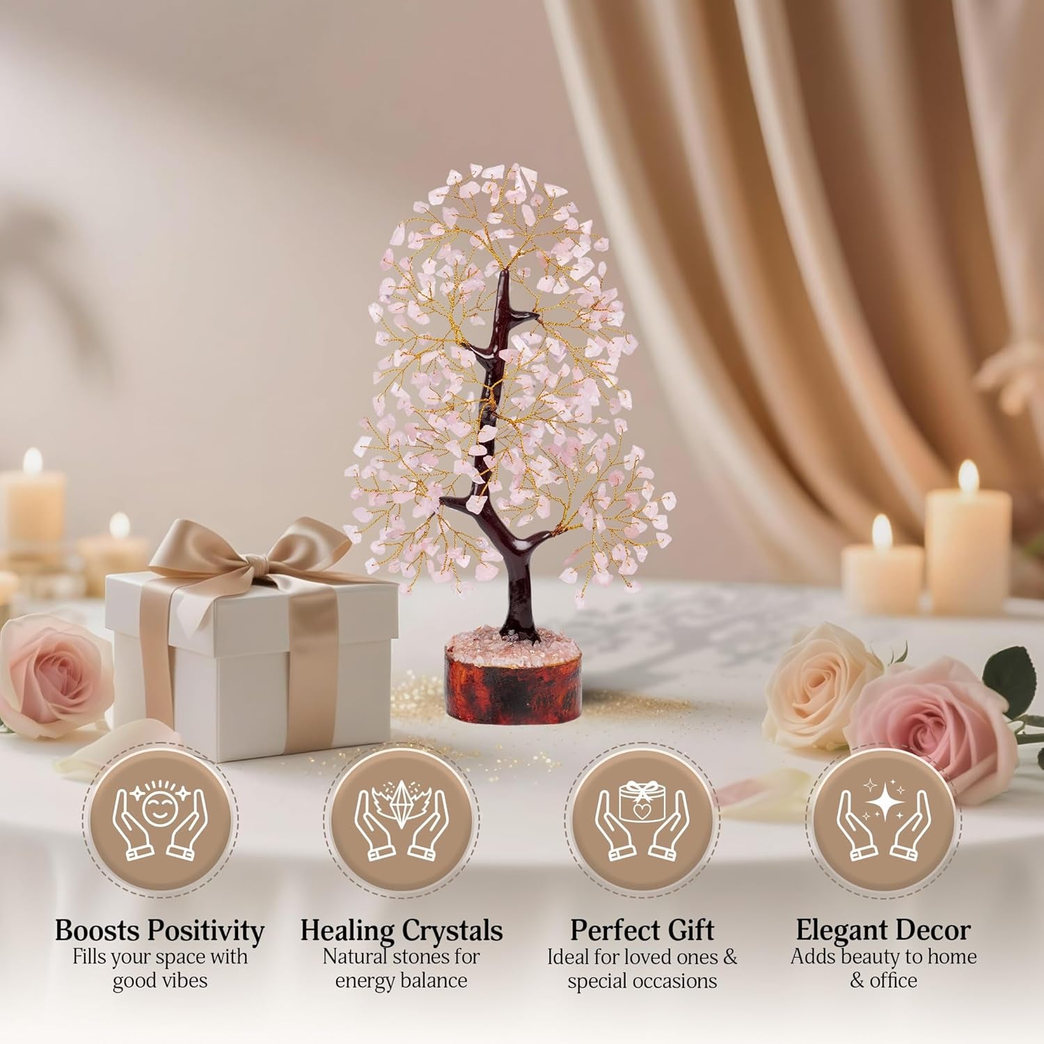 Rose Quartz Crystals Tree of Life - Birthday Gift for Women | Handmade Gemstone Tree Pink Decor for Home and Office Decor | Unique Gifts for Crystal Lovers | 10 Inch 300 Beads