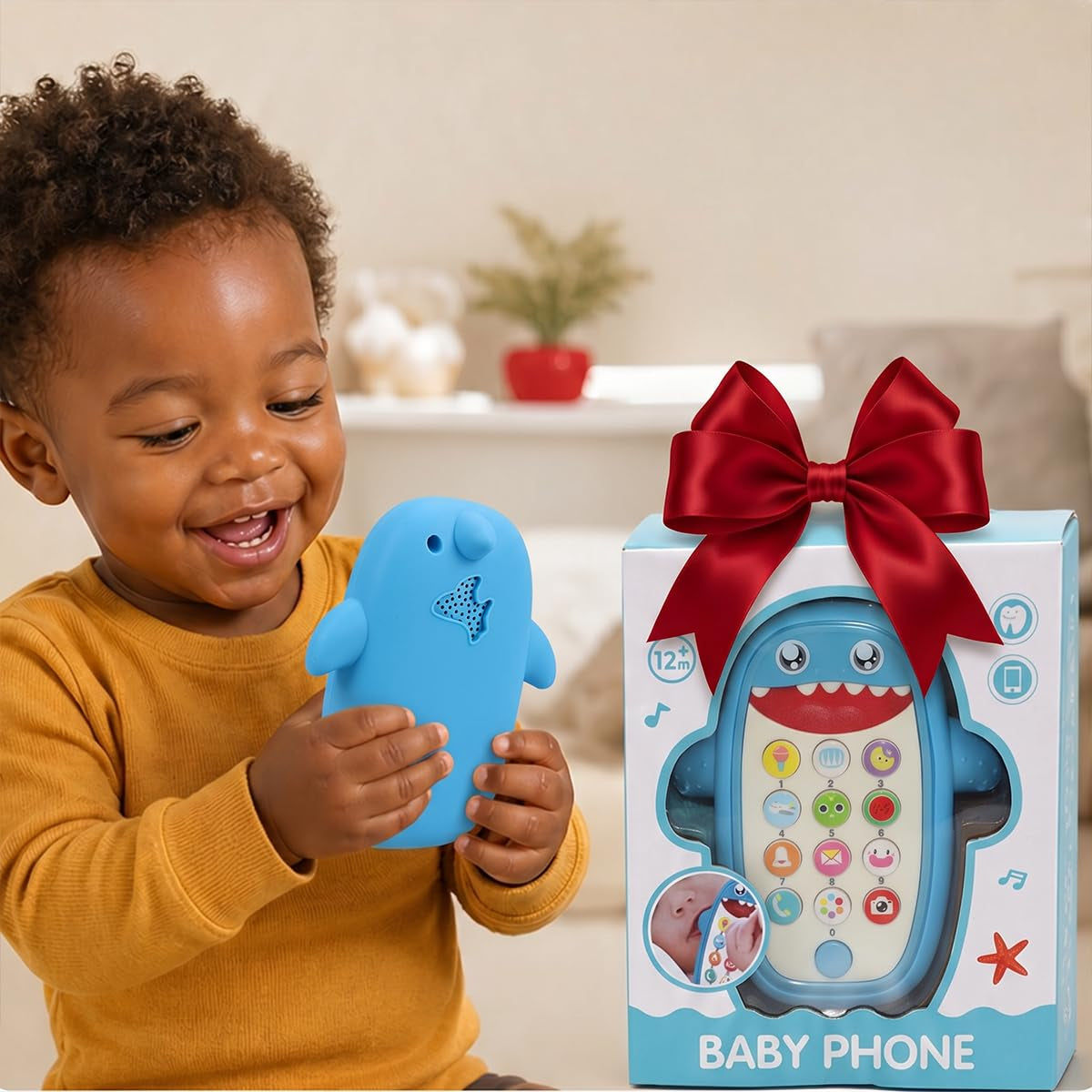 Baby Shark Cell Phone Toy Kids Play Fake Light-Up Teether 12+ Months (Blue) | Removable Soft Case Music Adjustable Volume Infant Toddler Learn Phone Preschool Holiday Birthday Present Gift for Girl Boy