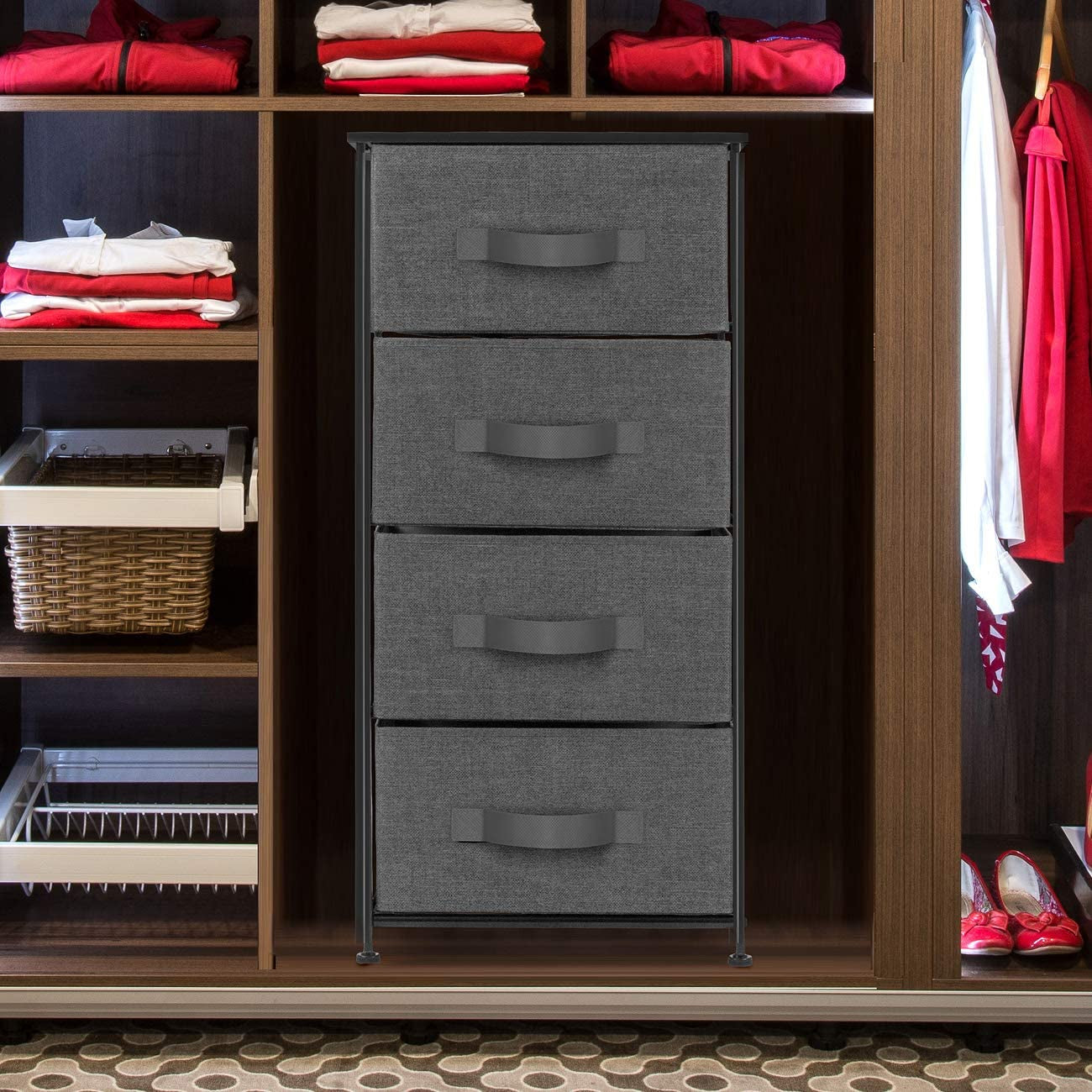 4 Drawer Dresser, Wood Top & Fabric Drawers for Bedroom (Black) | Nightstand with Steel Frame and Easy-Pull Bins Serves as Bedside Furniture or an End Table for Homes, Offices and Dorms.