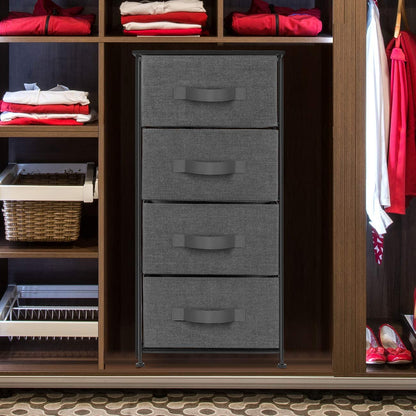 4 Drawer Dresser, Wood Top & Fabric Drawers for Bedroom (Black) | Nightstand with Steel Frame and Easy-Pull Bins Serves as Bedside Furniture or an End Table for Homes, Offices and Dorms.