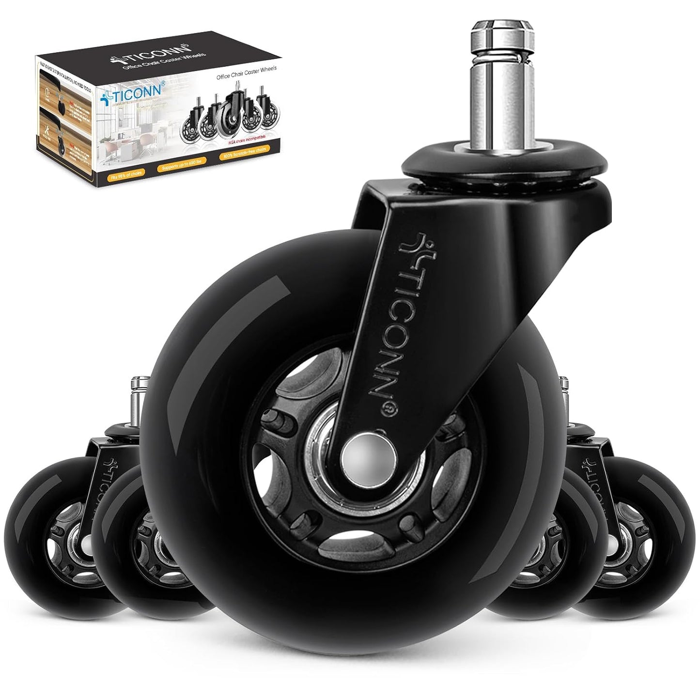 Office Chair Wheels, 3" Caster Wheels for Tile Carpets, Set of 5 | 650 Lbs Weight Capacity, Smooth & Quiet Rolling, Scratch-Free Floor Protection, Universal Fit, Easy Snap-In Installation