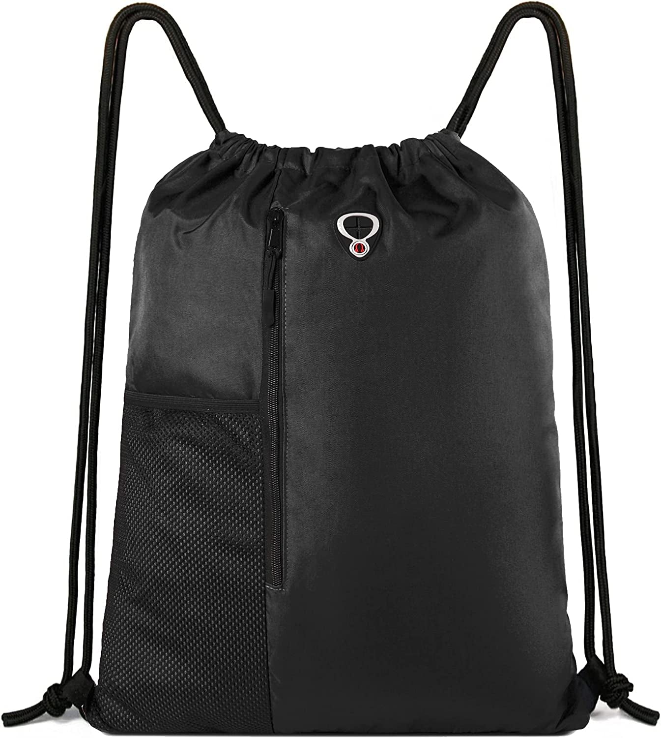 Black Drawstring Backpack Gym Bag for Men Women String Sports Backpack with Water Bottle Mesh Pockets and 2 Zippered Pocket Large Cinch Sackpack Workout Bag 16" X 20"