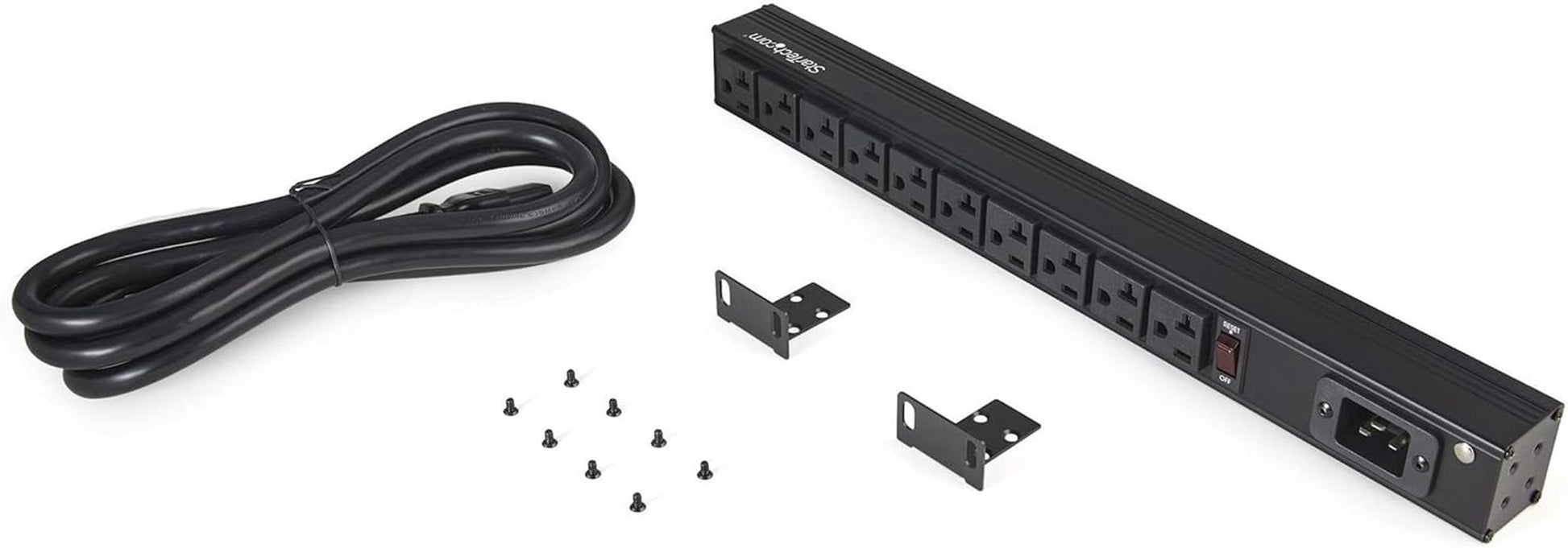 Startech 10-Outlet 1U PDU, 125V/16A, UL, 8Ft Cord, TAA (RKPW101920) | NEMA 5-20P Input, 10X NEMA 5-15/20R Outlets, 20A Breaker, Front Switch, Fits 2-Post and 4-Post Racks