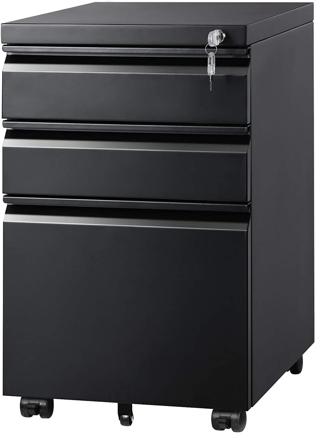 3 Drawer File Cabinet with Lock, Fully Assembled except Casters | Metal Filing Cabinet under Desk for Home Office, Fits Letter/Legal/A4 Size, Black