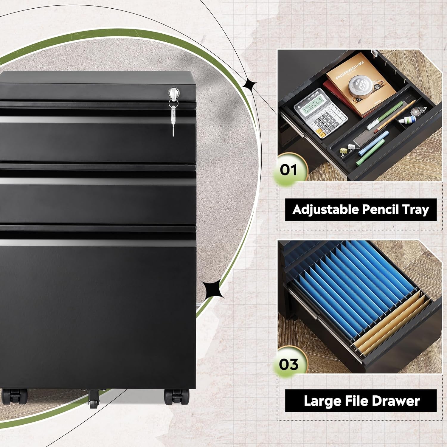 3 Drawer File Cabinet with Lock, Fully Assembled except Casters | Metal Filing Cabinet under Desk for Home Office, Fits Letter/Legal/A4 Size, Black