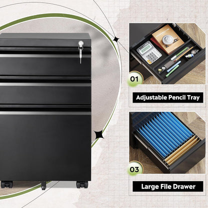 3 Drawer File Cabinet with Lock, Fully Assembled except Casters | Metal Filing Cabinet under Desk for Home Office, Fits Letter/Legal/A4 Size, Black