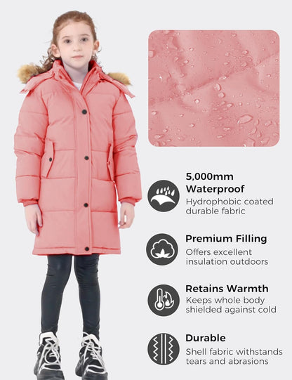 Girls' Waterproof Winter Coat Long Puffer Jacket Warm Parka Hooded | 5000Mm Waterproof,Removable Faux Fur Hood,Fleece-Linning,Snap Pockets,Machine Washable