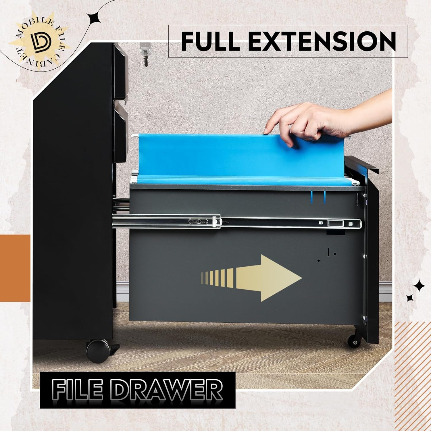 3 Drawer File Cabinet with Lock, Fully Assembled except Casters | Metal Filing Cabinet under Desk for Home Office, Fits Letter/Legal/A4 Size, Black