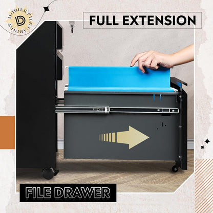 3 Drawer File Cabinet with Lock, Fully Assembled except Casters | Metal Filing Cabinet under Desk for Home Office, Fits Letter/Legal/A4 Size, Black