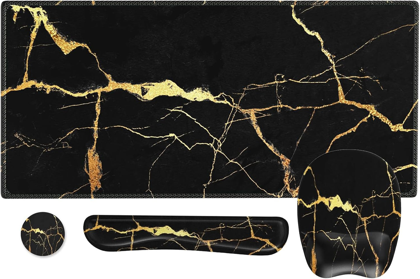 Mousepad with Wrist Rest, Desk Pad for Keyboard and Mouse, Black Mouse Pad, Ergonomic Mouse Pad Set, Keyboard Wrist Rest with Coaster, Desk Mat Set for Office (Black Gold Marble)
