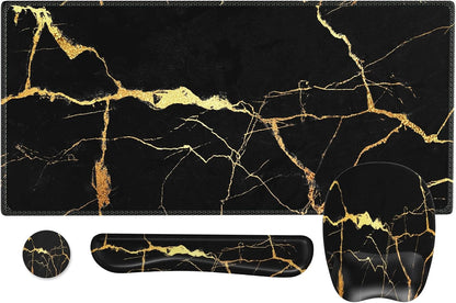 Mousepad with Wrist Rest, Desk Pad for Keyboard and Mouse, Black Mouse Pad, Ergonomic Mouse Pad Set, Keyboard Wrist Rest with Coaster, Desk Mat Set for Office (Black Gold Marble)